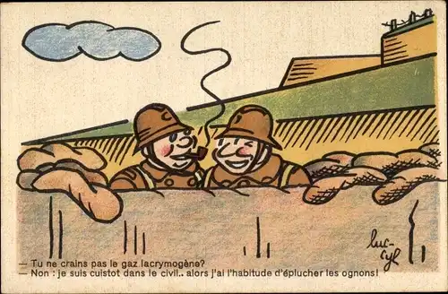 Künstler Ak Tu ne crains pas le gaz lacrymogene, französischer Soldat raucht im Schützengraben