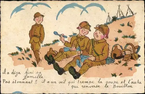 Ak Il a deja fini su gamelle, Französische Soldaten beim Essen
