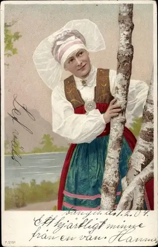 Ak Sangis Schweden, Junge Frau in schwedischer Tracht