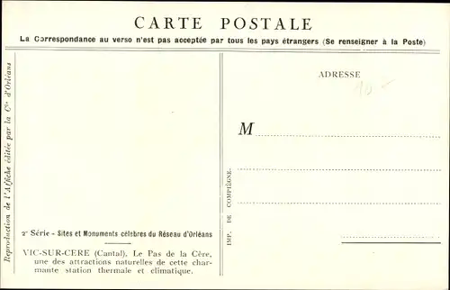 Künstler Ak Vic sur Cère Cantal, Le Pas de la Cere, Excursions en Auvergne, Chemin de fer d'Orleans