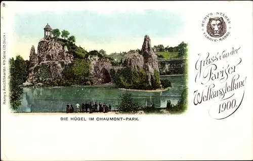 Ak Paris, Weltausstellung 1900, Die Hügel im Chaumont Park, Teich, Besucher