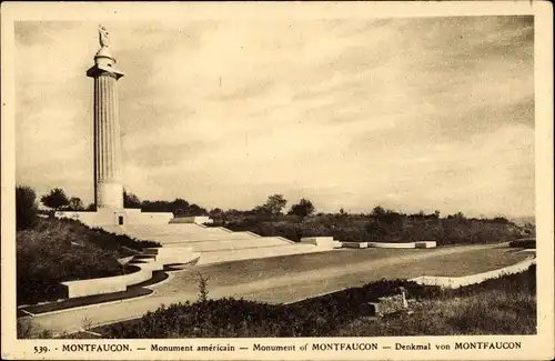 Ak Montfaucon Lothringen Meuse, Monument americain, Blick auf ein Denkmal