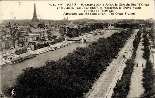 Ak Paris I Louvre, Panorama sur la Seine, Gare du Quai d'Orsay, Palais, Tour Eiffel, Trocadéro