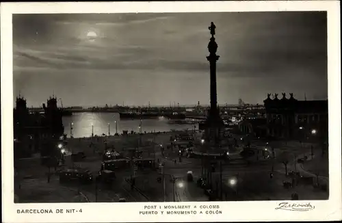 Mondschein Ak Barcelona Katalonien Spanien, Puerto y Monumento a Colon