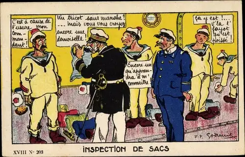 Künstler Ak Inspection de Sacs, C'est à cause de l'usure, Tricot, Marine Francaise