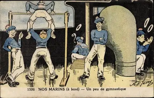 Künstler Ak Nos Marins, a bord, un peu de gymnastique, Marine Francaise