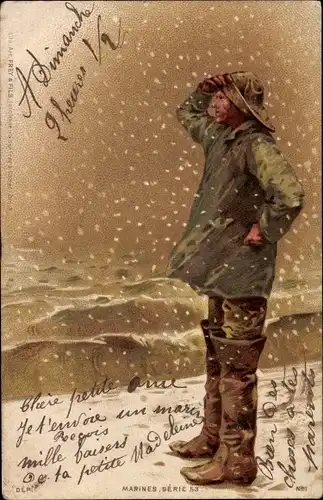 Litho Marines, Französischer Fischer schaut aufs Meer, Winter