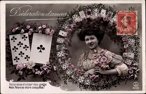 Ak Declaration d'amour, Frauenportrait, Spielkarten