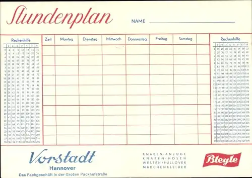 Stundenplan Reklame Bleyle Mode Stuttgart, Geschäft Hannover Vorstadt Kinder mit Seifenkiste um 1950