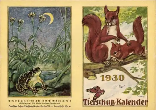Stundenplan Künstler Carus, Tierschutz Kalender 1930, Eichhörnchen, Berliner Tierschutz Verein