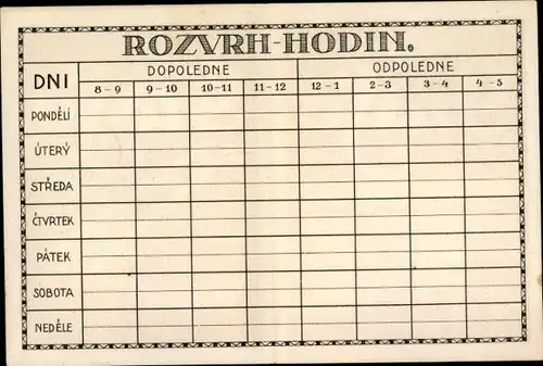 Stundenplan (aufklappbar) Tschechien Grafo Büroartikel, Bleistift um 1930
