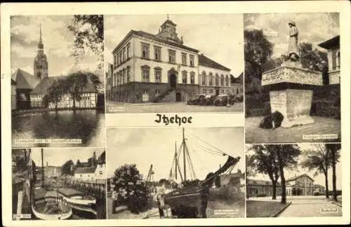 Ak Itzehoe in Holstein, Rathaus, Klosterhof, Störpartie, Hafen, Bahnhof, Kriegerehrenmal