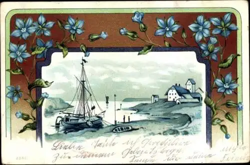 Passepartout Litho Blaue Blumen, Landschaft mit Fischerboot am Ufer