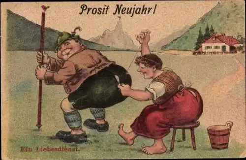 Ak Glückwunsch Neujahr, Ein Liebesdienst, Frau näht Mann die Hose
