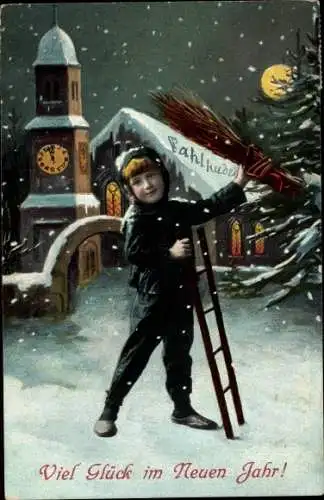 Ak Glückwunsch Neujahr, Schornsteinfeger im Schneefall