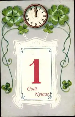 Präge Ak Glückwunsch Neujahr, Kalenderblatt, Uhr, Kleeblätter