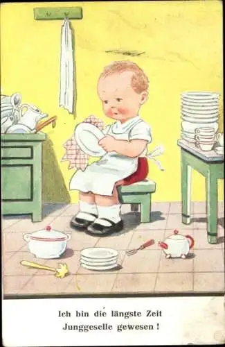Ak Ich bin die längste Zeit Junggeselle gewesen, Mann wäscht Geschirr ab