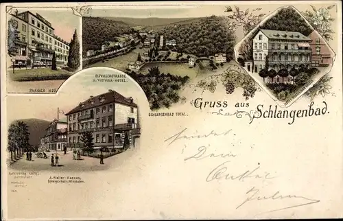 Litho Schlangenbad im Taunus Hessen, Victoria Hotel, Eltvillerstraße, Pariser Hof