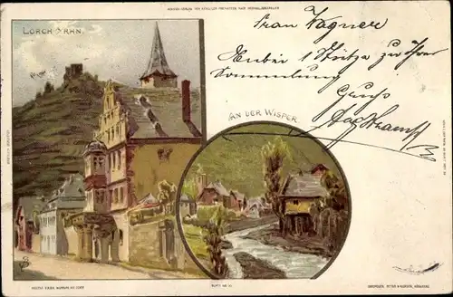 Künstler Litho Biese, C., Lorch im Rheingau Hessen, Wisperpartie, Straßenansicht