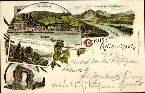 Litho Rolandseck Remagen am Rhein, Aussicht vom Rolandsbogen, Honnef, Siebengebirge