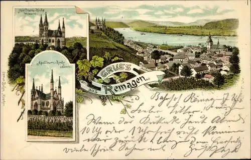 Litho  Remagen am Rhein, Panorama, Apollinaris Kirche