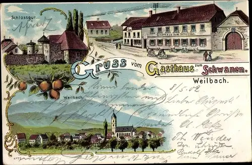 Litho Weilbach Flörsheim in Hessen, Schlossgut, Gasthaus zum Schwanen