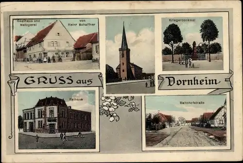 Ak Dornheim Groß Gerau in Hessen, Kriegerdenkmal, Bahnhofstraße, Gasthaus Rathaus, Kirche