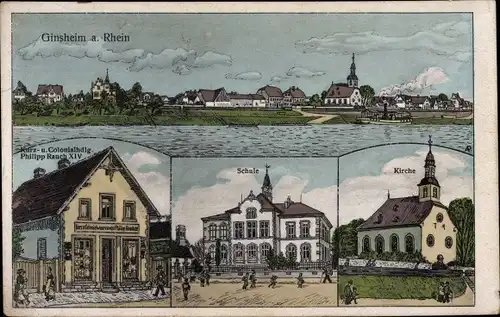 Ak Ginsheim Gustavsburg am Rhein, Schule, Kirche, Kolonialwarenhandlung