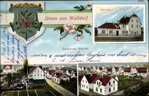 Wappen Ak Mörfelden Walldorf in Hessen, Bahnhof, Gleisseite, Gesamtansicht