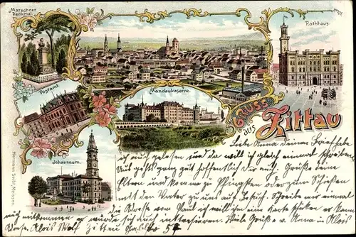 Litho Zittau in der Oberlausitz, Rathaus, Mandaukaserne, Postamt, Johanneum, Denkmal