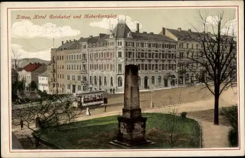 Ak Zittau in Sachsen, Hotel Reichshof und Haberkornplatz, Säule, Tram