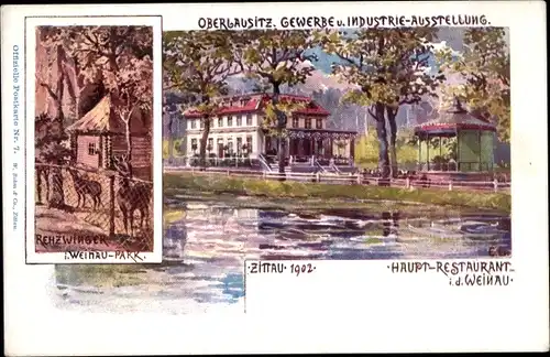 Künstler Ak Zittau, Gewerbe und Industrieausstellung 1902, Rehzwinger, Hauptrestaurant Weinau