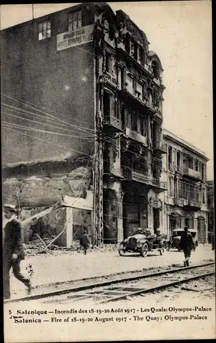Ak Saloniki Thessaloniki Griechenland, Incendie en 1917, Les Quais, Olympos Palace