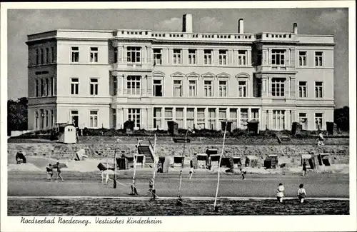 Ak Norderney in Ostfriesland, Blick auf das Vestische Kinderheim, Strandpartie