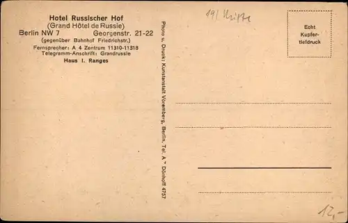 Ak Berlin Mitte, Hotel Russischer Hof, Georgenstraße 21 bis 22, Hôtel de Russie