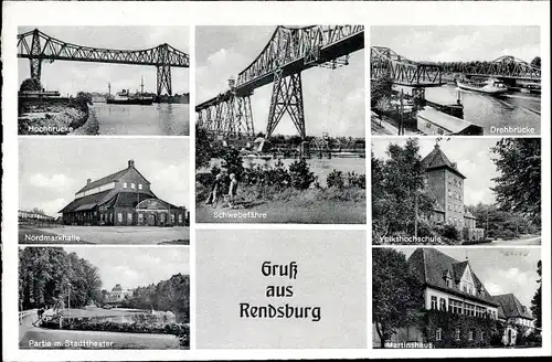 Ak Rendsburg, Hochbrücke, Schwebefähre, Drehbrücke, Nordmarkhalle, Martinshaus, Stadttheater