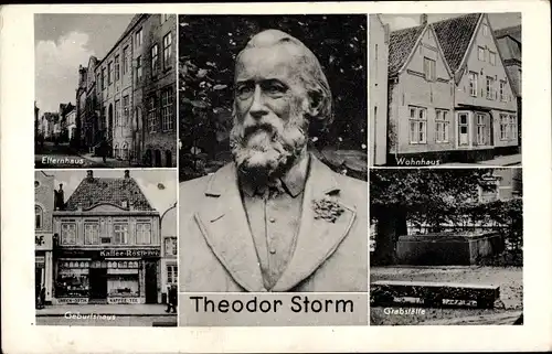 Ak Husum in Nordfriesland, Elternhaus, Geburtshaus, Theodor Storm, Portrait, Grabstätte, Wohnhaus