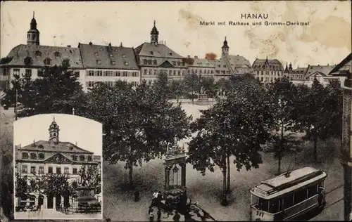 Ak Hanau am Main, Marktplatz mit Rathaus und Grimmdenkmal, Straßenbahn