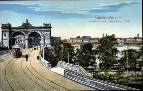 Ak Ludwigshafen am Rhein, Rheinbrücke, Straßenbahn