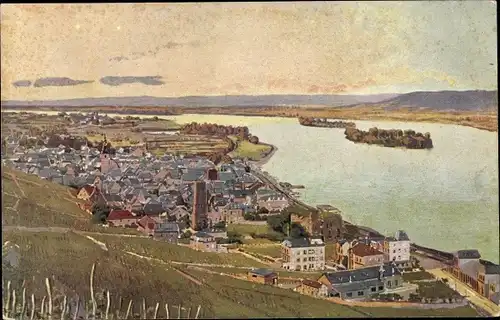 Künstler Ak Rüdesheim am Rhein, Gesamtansicht, Serie "Rhein"