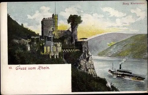 Ak Trechtingshausen am Rhein, Burg Rheinstein, Dampfer