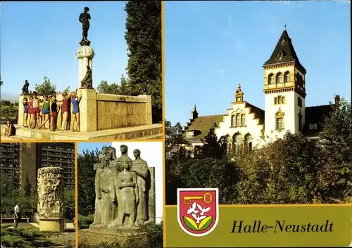 Ak Neustadt Halle an der Saale, Reliefsäule Aufbauhelfer, Klubhaus "Johannes R. Becher", Brunnen