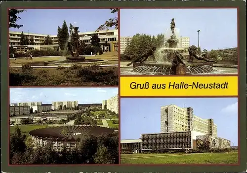 Ak Neustadt Halle an der Saale, Tulpenbrunnen, Sportschule, Bildungszentrum