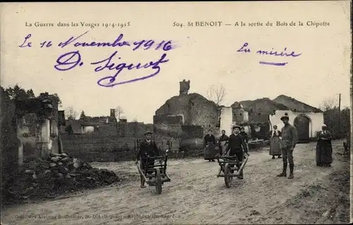Ak Saint Benoît Vosges,  A la sortie du Bois de la Chipotte, Kriegszerstörungen, I. WK