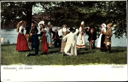 Ak Schweden, Bondkadrilj, tanzende Personen in schwedischen Trachten