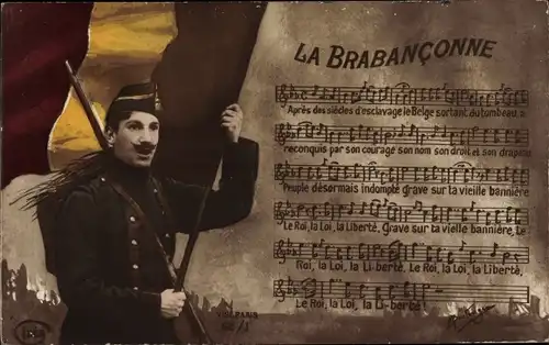 Lied Ak La Brabanconne, belgischer Soldat mit Flagge