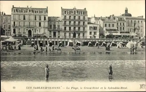 Ak Les Sables d'Olonne Vendée, La Plage, Grand Hotel, Splendid Hotel