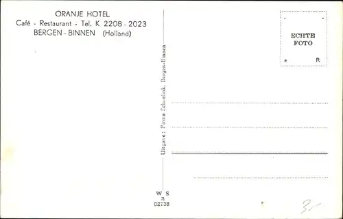 Ak Binnen Bergen Nordholland Niederlande, Oranje Hotel