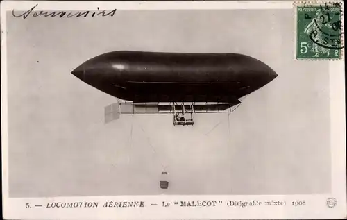 Ak Locomotion aérienne, Dirigéable Malécot, Französisches Luftschiff