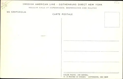 Ak Swedish American Line, Gothenburg direct New York, M.S. Gripsholm